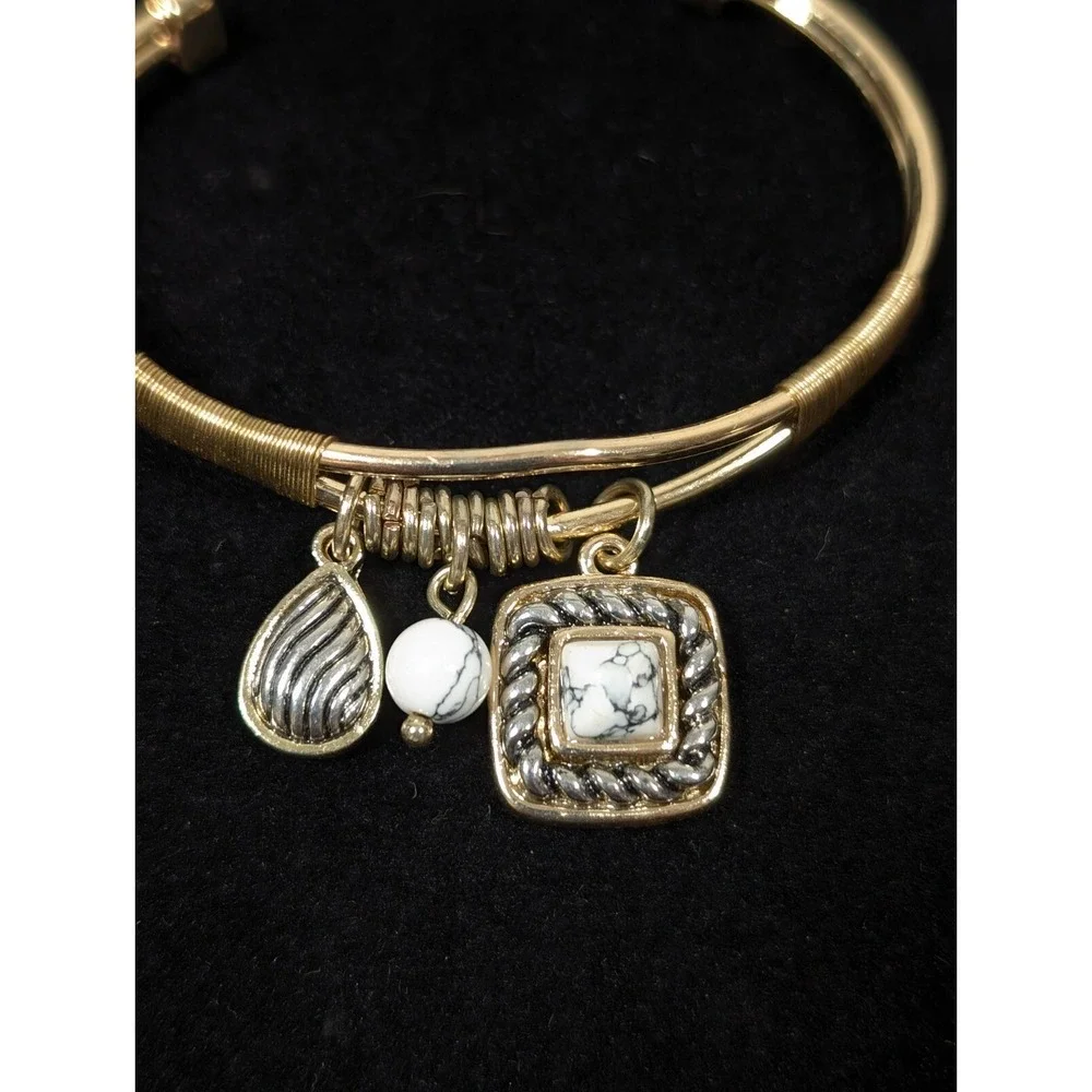 Two Tone Cable Cuff Bracelet Gold Silver Square‎ Charm Small 6 in Minimalist